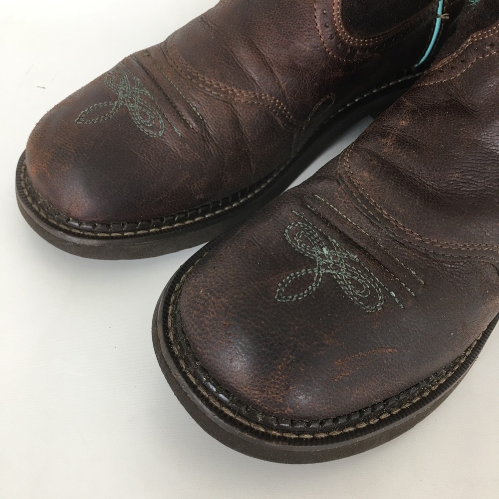 Ariat Fatbaby Heritage Dapper Western Boots Dark Brown Leather Teal Stitching - Picture 6 of 14